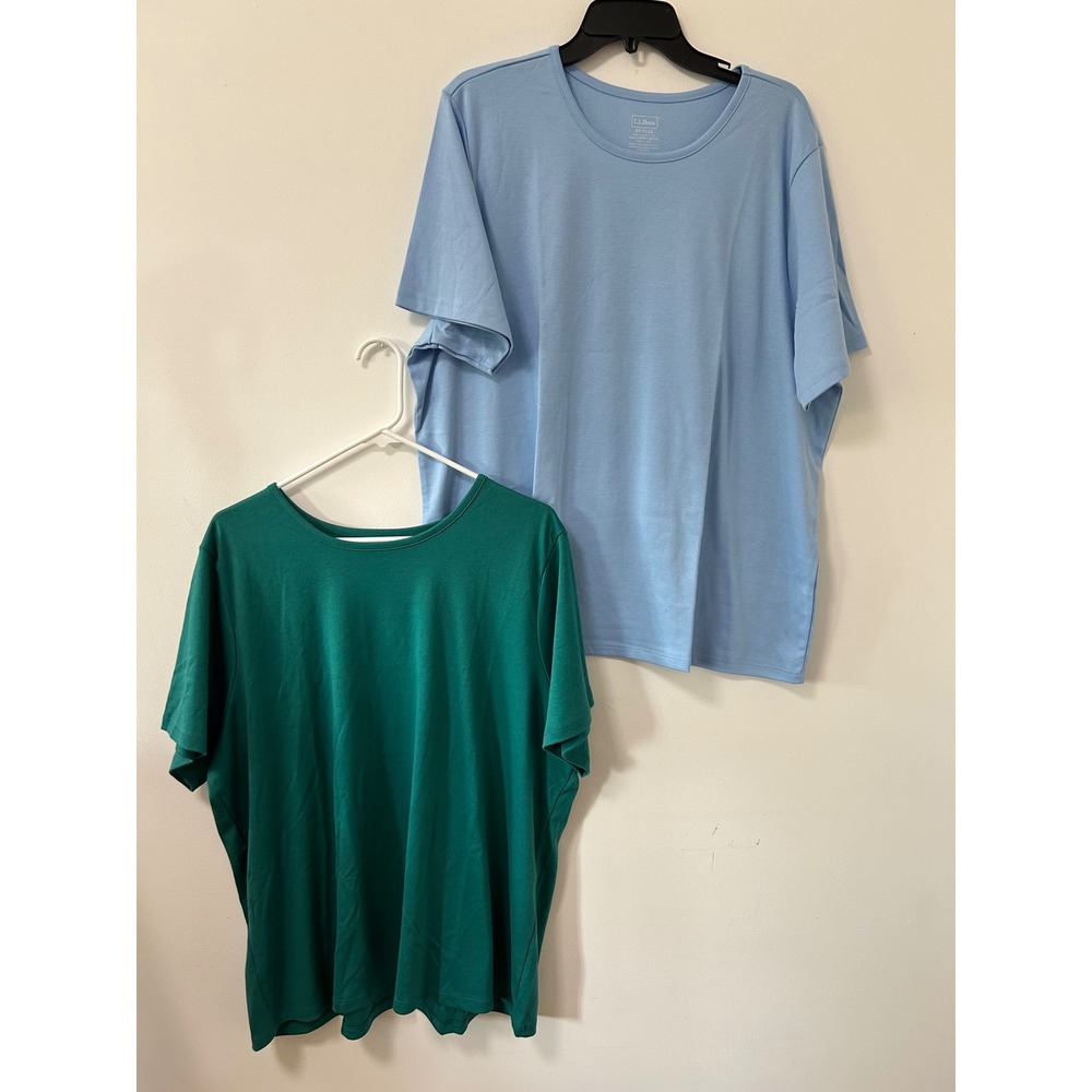 2 Lot LL Bean Supima Cotton Tee Bundle Women 3X Plus Blue Green Short Sleeve